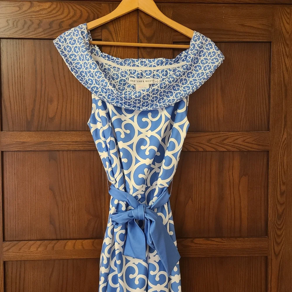 Gretchen Scott Heavens Gate Off Shoulder Belted Dress Blue White Size Large - Picture 2 of 7